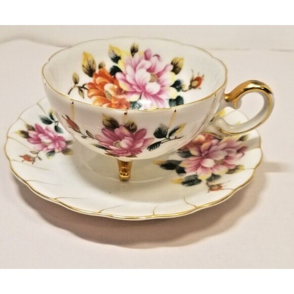 Ucagco China Footed Tea Cup & Saucer Pink Mums and Gold Trim Vintage Japan - Picture 1 of 7